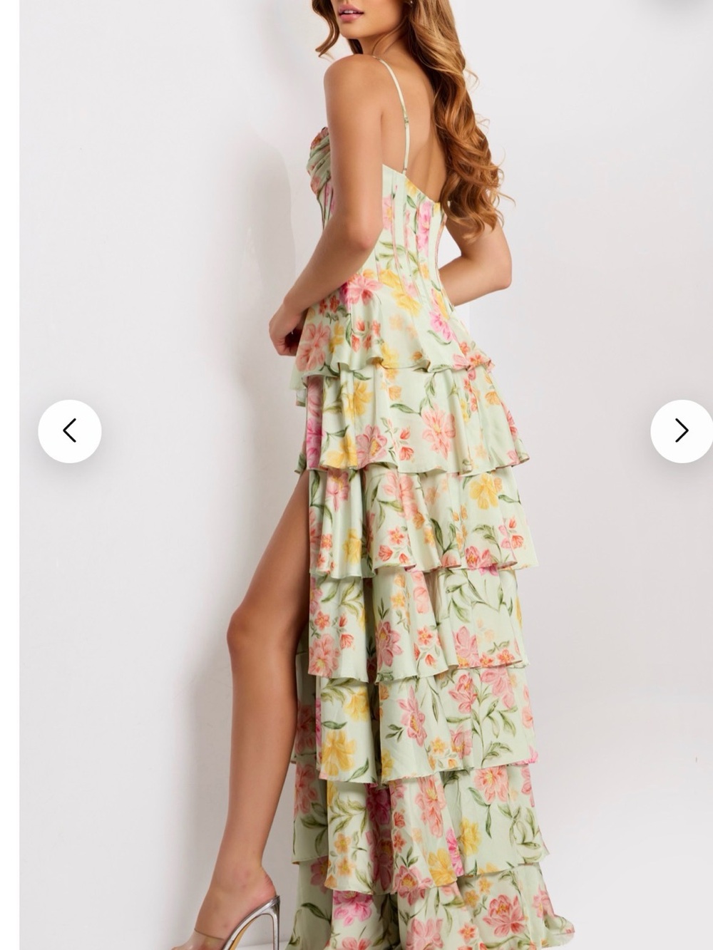 Jovani Mint Floral Tiered High-Slit Maxi Dress